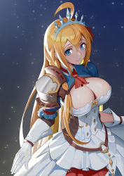 Rule 34 | 1girl, absurdres, ahoge, armor, ascot, bad id, bad pixiv id, blue background, blue eyes, blush, braid, breasts, cleavage, closed mouth, commentary request, corset, cowboy shot, dress, elbow gloves, gloves, gradient background, highres, large breasts, layered dress, long hair, looking at viewer, northman, orange hair, pecorine (princess connect!), princess connect!, red ascot, short sleeves, shoulder armor, shrug (clothing), side braid, smile, solo, tiara, underbust, very long hair, white dress, white gloves