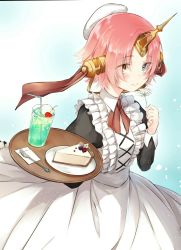 Rule 34 | 1girl, alternate costume, apron, bendy straw, beret, black dress, blue eyes, blush, brown eyes, cake, cake slice, cheesecake, cherry blossoms, closed mouth, cup, dress, drink, drinking glass, drinking straw, enmaided, fate/grand order, fate (series), flower, food, fork, frankenstein&#039;s monster (fate), frankenstein&#039;s monster (formal dress) (fate), hat, heterochromia, highres, holding, holding flower, holding tray, horns, ice, ice cream, ice cream float, ice cube, juliet sleeves, long dress, long skirt, long sleeves, maid, mini hat, parted bangs, pink hair, plate, puffy sleeves, sena tea29, short hair, single horn, skirt, smile, solo, tray, white apron, white flower, white hat