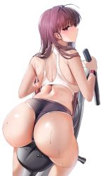 Rule 34 | 1girl, ahoge, ass, back, bike shorts, blush, breasts, commentary request, damda, dimples of venus, exercising, fate/grand order, fate (series), feet out of frame, from behind, hair intakes, highres, large breasts, long hair, looking at viewer, looking back, open mouth, pants, purple hair, red eyes, scathach (fate), shiny skin, sideways glance, simple background, smartwatch, solo, sports bra, sportswear, sweat, watch, white background, white sports bra, wristwatch