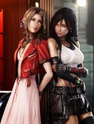 Rule 34 | 2girls, 3d, aerith gainsborough, arms behind back, bare arms, bare shoulders, belt, black gloves, black hair, black legwear, black skirt, bow, bracelet, breasts, brown hair, buckle, closed mouth, collarbone, dress, earrings, elbow gloves, elbow pads, female focus, final fantasy, final fantasy vii, final fantasy vii remake, fingerless gloves, gloves, green eyes, hair between eyes, highres, jacket, jewelry, large breasts, legs, long hair, looking at another, materia, midriff, multiple girls, necklace, orb, parted bangs, parted lips, pink bow, pink dress, pink ribbon, red eyes, ria-neearts, ribbon, shiny clothes, shiny skin, skirt, smile, square enix, standing, stomach, suspender skirt, suspenders, tank top, teeth, thighhighs, thighs, tifa lockhart, twitter username, weapon, white tank top
