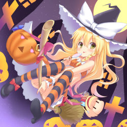 Rule 34 | 1girl, alternate costume, blonde hair, bow, broom, candy, food, hair bow, hakuto (28syuku), halloween, hat, hat bow, jack-o&#039;-lantern, kirisame marisa, long hair, solo, striped clothes, striped thighhighs, thighhighs, tongue, tongue out, touhou, witch hat, yellow eyes