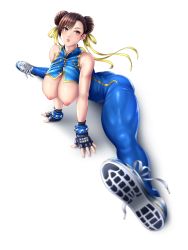 Rule 34 | 1girl, alternate costume, ass, bare shoulders, black gloves, blue unitard, blush, bodysuit, bow, bracelet, breasts, brown eyes, brown hair, capcom, chun-li, commentary request, curvy, double bun, fingerless gloves, full body, gloves, hair bow, hair bun, highres, jewelry, kurone rinka, large breasts, lips, md5 mismatch, muscular, muscular female, nipples, parted bangs, parted lips, puffy nipples, resolution mismatch, shiny clothes, shiny skin, shoes, simple background, skin tight, sleeveless, sneakers, solo, source smaller, spread legs, street fighter, street fighter zero (series), thighs, unitard, white background