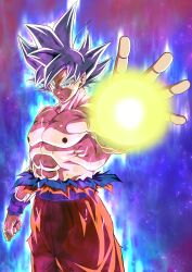 Rule 34 | after fight, aura, dragon ball, dragon ball super, energy, highres, incoming attack, ki blast, looking at viewer, muscular, muscular male, nipples, scratches, serious, son goku, tagme, torn clothes, ultra instinct