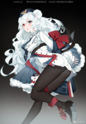 Rule 34 | 1girl, :o, animal ears, arknights, bear ears, bear girl, bear tail, black footwear, black pantyhose, blue coat, blue eyes, blue hair, blue hat, blue necktie, bow, coat, foot out of frame, gradient background, hat, heterochromia, highres, long hair, multicolored hair, necktie, open mouth, pantyhose, red bow, red eyes, red hair, renren, rosa (arknights), shirt, solo, standing, standing on one leg, streaked hair, tail, very long hair, weibo watermark, white hair, white shirt