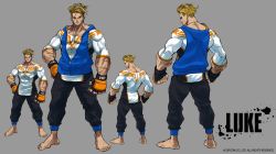 Rule 34 | 1boy, barefoot, blonde hair, capcom, character name, character sheet, copyright notice, fingerless gloves, full body, gloves, grey background, hood, hoodie, luke sullivan, multiple views, muscular, muscular male, official art, scar, shirt, simple background, sleeveless, sleeveless hoodie, street fighter, street fighter 6, takayuki nakayama, tight clothes, tight shirt, turnaround
