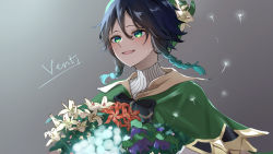 Rule 34 | 1boy, androgynous, beret, bertha, black hair, blue hair, blush, bouquet, braid, character name, collared cape, commentary request, dandelion seed, english text, flower, genshin impact, gradient hair, green eyes, green hat, hair flower, hair ornament, hat, highres, leaf, male focus, multicolored hair, open mouth, red flower, short hair with long locks, side braids, sidelocks, simple background, smile, solo, twin braids, venti (genshin impact), white flower