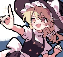 Rule 34 | 1girl, ahiru tokotoko, black hat, black vest, blonde hair, bow, braid, commentary request, frilled hat, frills, grey background, hair bow, hat, hat bow, highres, index finger raised, kirisame marisa, medium hair, pixel art, short sleeves, side braid, signature, simple background, single braid, solo, touhou, two-tone background, upper body, vest, white background, white bow, yellow eyes