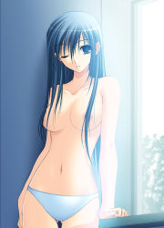 Rule 34 | 1girl, blue eyes, blue hair, breasts, censored, convenient censoring, hair censor, hair over breasts, long hair, matching hair/eyes, medium breasts, one eye closed, original, panties, solo, takepon, topless, underwear, window, wink