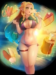Rule 34 | 1girl, absurdres, banana, bikini, black bikini, blonde hair, boned meat, bow, bowtie, braid, breasts, cake, cake slice, capelet, commentary, cropped legs, day, drinking straw, dungeon meshi, elf, english commentary, food, french braid, fruit, fruit cup, green capelet, green eyes, hands up, highres, holding, holding food, holding skewer, hood, hood down, hooded capelet, large breasts, long hair, looking at viewer, looking to the side, lowleg, lowleg bikini, marcille donato, meat, multiple braids, navel, open mouth, parted bangs, penis banana, pointy ears, pouch, red bow, red bowtie, ribs (food), sexually suggestive, side-tie bikini bottom, side braid, skewer, sky, solo, string bikini, sun, swimsuit, thigh gap, thigh pouch, tongue, tongue out, watermelon, xylix