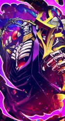 Rule 34 | absurdres, ainz ooal gown, arm up, from below, glowing, glowing eyes, highres, holding, holding staff, kanchiyo, overlord (maruyama), red eyes, skeleton, solo, staff, standing