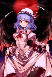 Rule 34 | absurdres, ascot, bat (animal), bat wings, black thighhighs, blue hair, bow, brooch, collared shirt, dress, fang, frilled shirt, frilled shirt collar, frilled sleeves, frills, hat, hat ribbon, highres, jewelry, lace, lace-trimmed legwear, lace trim, light purple hair, mob cap, moon, pink dress, pointy ears, puffy short sleeves, puffy sleeves, purple hair, raptor7, red bow, red eyes, red moon, red ribbon, remilia scarlet, ribbon, ribbon trim, sash, shirt, short hair, short sleeves, solo, thighhighs, touhou, uu~, wings, wrist cuffs