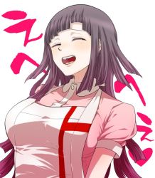 Rule 34 | 1girl, :d, apron, bandages, black hair, closed eyes, collared shirt, commentary request, danganronpa (series), danganronpa 2: goodbye despair, dosugon, long hair, mole, mole under eye, open mouth, pink shirt, shirt, short sleeves, simple background, smile, teeth, tsumiki mikan, upper body, upper teeth only, white apron, white background