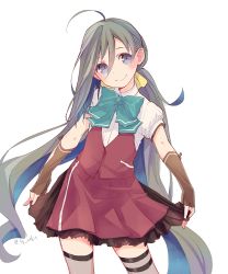 Rule 34 | 1girl, ahoge, asymmetrical hair, blue hair, bow, bowtie, brown gloves, colis, commentary, contrapposto, cosplay, cowboy shot, fingerless gloves, gloves, grey eyes, grey hair, hair between eyes, head tilt, kantai collection, kiyoshimo (kancolle), long hair, looking at viewer, low twintails, multicolored hair, remodel (kantai collection), shirt, short sleeves, simple background, skirt hold, smile, solo, standing, thighhighs, twintails, twitter username, two-tone hair, very long hair, vest, white background, white shirt, yuugumo (kancolle) (cosplay), yuugumo (kancolle)