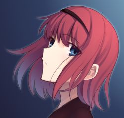 Rule 34 | 1girl, black hairband, black shirt, blue background, blue eyes, boa (brianoa), floating hair, from side, hairband, highres, hisui (tsukihime), looking at viewer, portrait, profile, red hair, shirt, short hair, solo, tsukihime