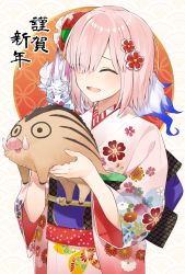 Rule 34 | 1girl, :d, ^ ^, alternate costume, animal, blush, boar, carrying, chinese zodiac, closed eyes, commentary request, fate/grand order, fate (series), floral print, flower, fou (fate), gradient background, hair flower, hair ornament, hair over one eye, hands up, happy new year, hayashi kewi, japanese clothes, kimono, long sleeves, mash kyrielight, new year, obi, open mouth, pink hair, pink kimono, print kimono, red flower, sash, seigaiha, short hair, smile, upper body, white background, wide sleeves