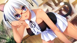 Rule 34 | 10s, 1girl, :d, animal ears, blue eyes, breasts, cat ears, cat tail, chiara farrell, clenched hand, dark-skinned female, dark skin, dutch angle, fake animal ears, fang, female focus, fumio (ura fmo), game cg, glasses, grisaia (series), grisaia no kajitsu, grisaia no rakuen, indoors, large breasts, looking at viewer, open mouth, paw pose, plant, pleated skirt, red-framed eyewear, shiny skin, skirt, smile, solo, tail, tan, white hair