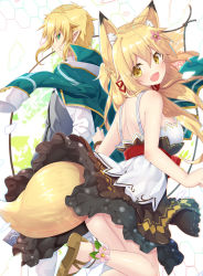 Rule 34 | 1boy, 1girl, ahoge, animal ears, black skirt, blonde hair, blush, breasts, camisole, cheat majutsu de unmei wo nejifuseru, father and daughter, flower, fox ears, fox girl, fox tail, from behind, green eyes, hair between eyes, hair flower, hair ornament, hair ribbon, jacket, looking at viewer, looking back, medium breasts, novel illustration, official art, open clothes, open jacket, open mouth, pointy ears, profile, red ribbon, ribbon, sandals, sidelocks, skirt, smile, tail, thighs, yano mitsuki (nanairo), yellow eyes