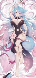Rule 34 | 1girl, absurdly long hair, absurdres, animal ear fluff, animal ears, arm up, bare shoulders, barefoot, black dress, blue eyes, blue hair, breasts, cleavage, commission, dakimakura (medium), dress, fingernails, flower, full body, gradient hair, grin, halter dress, halterneck, highres, large breasts, large tail, long fingernails, long hair, looking at viewer, lying, multicolored hair, on back, pink hair, sandals, unworn sandals, silvervale, silvervale (sakura goddess), smile, solo, symbol-shaped pupils, tail, thighs, very long hair, virtual youtuber, vshojo, wolf ears, wolf girl, wolf tail, yoclesh