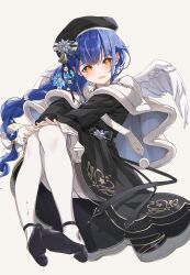 Rule 34 | 1girl, absurdres, amamiya kokoro, angel wings, ankle strap, bell, beret, black dress, black footwear, black hat, black ribbon, blue flower, blue hair, blush, bow, braid, buckle, capelet, commentary request, dress, eyes visible through hair, feathered wings, flower, frilled sleeves, frills, full body, fur trim, gold trim, hair bell, hair bow, hair flower, hair ornament, hands on lap, hat, highres, knees together feet apart, long braid, long hair, long sleeves, looking at viewer, low-braided long hair, low-tied long hair, nijisanji, open mouth, pantyhose, pink flower, ribbon, ruo19, see-through, sidelocks, simple background, single braid, smile, solo, star (symbol), star hair ornament, very long hair, virtual youtuber, waist bow, white background, white bow, white capelet, white pantyhose, white ribbon, wide sleeves, wings, x hair ornament, yellow eyes