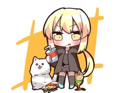 Rule 34 | 1girl, absurdres, animal, artoria pendragon (all), artoria pendragon (fate), belt, belt buckle, bendy straw, black jacket, black shirt, black shorts, black thighhighs, blonde hair, buckle, burger, chibi, closed mouth, commentary request, cup, disposable cup, dog, drinking straw, fast food, fate/stay night, fate (series), food, french fries, highres, holding, holding cup, holding food, hood, hood down, hooded jacket, jacket, jako (jakoo21), jewelry, long hair, looking at viewer, low twintails, official alternate costume, open clothes, open jacket, pendant, saber alter, saber alter (ver. shinjuku 1999) (fate), shirt, short shorts, shorts, sidelocks, solo, standing, thighhighs, tongue, tongue out, twintails, v-shaped eyebrows, very long hair, white belt, yellow eyes