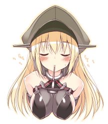 Rule 34 | 10s, 1girl, bare shoulders, bismarck (kancolle), blonde hair, blush, breast hold, breasts squeezed together, breasts, detached sleeves, covered erect nipples, closed eyes, food, gloves, hat, highres, incoming kiss, kantai collection, large breasts, long hair, military hat, ohta yuichi, peaked cap, pocky, solo, sweatdrop, uniform