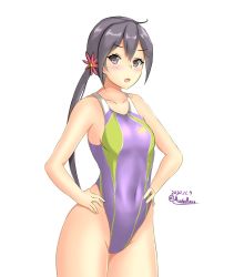 Rule 34 | 1girl, akebono (kancolle), bell, breasts, commentary request, competition swimsuit, covered navel, cowboy shot, dated, flower, grey eyes, grey hair, hair bell, hair flower, hair ornament, highleg, highleg swimsuit, jingle bell, kantai collection, long hair, looking at viewer, montemasa, one-hour drawing challenge, one-piece swimsuit, purple one-piece swimsuit, side ponytail, simple background, small breasts, solo, standing, swimsuit, twitter username, very long hair, white background