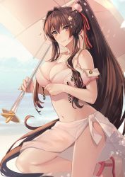 Rule 34 | 1girl, bikini, blurry, blurry background, breasts, brown eyes, brown hair, cleavage, closed mouth, cropped vest, flower, hair between eyes, hair flower, hair intakes, hair ornament, hair ribbon, hair scrunchie, high ponytail, highres, holding, holding umbrella, kantai collection, kasumi (skchkko), large breasts, long bangs, long hair, looking at viewer, navel, official alternate costume, pink bikini, pink vest, red ribbon, ribbon, sandals, sarong, scrunchie, simple background, smile, solo, standing, standing on one leg, swimsuit, toeless footwear, umbrella, vest, yamato (kancolle), yamato kai ni (kancolle)