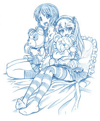 Rule 34 | 10s, 2girls, bandaged arm, bandaged head, bandaged leg, bandages, bbb (friskuser), blue theme, boko (girls und panzer), commentary request, feet, frilled pillow, frills, girls und panzer, hair between eyes, hairband, hugging doll, hugging object, long hair, long sleeves, looking at viewer, md5 mismatch, monochrome, multiple girls, nishizumi miho, on bed, ooarai school uniform, open mouth, pillow, pleated skirt, school uniform, serafuku, shimada arisu, short hair, side ponytail, simple background, skirt, smile, socks, striped clothes, striped legwear, striped thighhighs, stuffed animal, stuffed toy, teddy bear, thighhighs, white background
