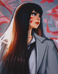 Rule 34 | 1girl, absurdres, black necktie, brown eyes, brown hair, closed mouth, d.va (overwatch), dress shirt, facial mark, grey jacket, highres, jacket, long hair, looking to the side, necktie, overwatch, red lips, shirt, simple background, solo, straight hair, suit jacket, sunlight, titanartx, upper body, whisker markings, white shirt