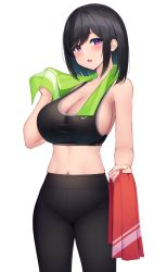 Rule 34 | 1girl, bare arms, bare shoulders, black hair, breasts, cleavage, collarbone, commentary request, cowboy shot, crop top, highres, holding, large breasts, leggings, looking at viewer, maemi (maemi12), medium hair, midriff, navel, open mouth, original, purple eyes, revision, sidelocks, simple background, sleeveless, solo, sports bra, standing, stomach, taut clothes, towel, towel around neck, white background