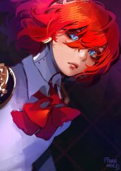 Rule 34 | 1girl, aegis (persona), alternate hair color, android, artist name, blue eyes, bow, bowtie, collar, colored eyelashes, detached collar, dutch angle, floating hair, highres, lips, looking at viewer, persona, persona 3, plaid, plaid background, red bow, red hair, short hair, signature, solo, takanoezz, upper body, v-shaped eyebrows, white collar