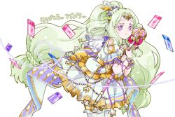 Rule 34 | 1girl, closed mouth, commentary request, cowboy shot, dress, forehead jewel, frilled dress, frills, green hair, headphones, holding, holding scepter, jewlie (pripara), long hair, looking at viewer, low-tied long hair, pretty series, pripara, priticket, puffy short sleeves, puffy sleeves, purple eyes, scepter, short sleeves, simple background, smile, solo, standing, translation request, very long hair, white background, yadehi