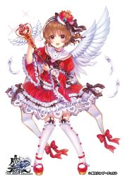 Rule 34 | 1girl, :d, blush, bow, bow legwear, bowtie, breasts, brown bow, brown hair, center frills, clothing cutout, commentary request, copyright name, crown, crystal, dress, feathered wings, feathers, frilled dress, frilled sleeves, frilled thighhighs, frills, full body, fur trim, garter straps, gem, hair bow, hair ornament, hairband, heart, heart cutout, heart hair ornament, holding, holding staff, koga tsubasa, lolita fashion, lolita hairband, long sleeves, magical girl, medium breasts, official art, one side up, open mouth, petticoat, puffy sleeves, red dress, red eyes, red footwear, red gemstone, sailor dress, sakura moyon, shoes, short hair, simple background, single wing, single wrist cuff, smile, solo, sparkle, staff, standing, the caster chronicles, thighhighs, white background, white thighhighs, white wings, wide sleeves, wings, wrist cuffs