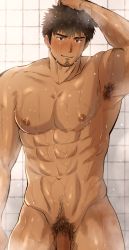 Rule 34 | 1boy, abs, absurdres, armpit hair, armpits, bathroom, flaccid, hashikure taro, highres, looking at viewer, male focus, muscular, muscular male, nipples, nude, pectorals, pectorals, penis, pubic hair, shower, smile, solo, tagme