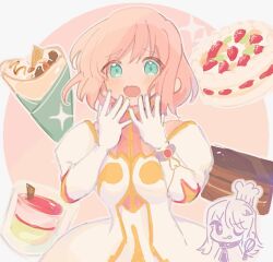 Rule 34 | 1girl, :o, armor, armored dress, blue eyes, border, cake, chef hat, chibi, chibi inset, chocolate cake, estellise sidos heurassein, food, fruit, gloves, gold trim, haruaki 023, hat, ice cream, medium hair, necktie, one eye closed, open mouth, pink background, pink hair, sparkle, strawberry, strawberry cake, tales of (series), tales of vesperia, whisk, white border, white gloves
