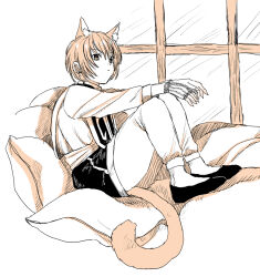 Rule 34 | 1boy, animal ear fluff, animal ears, cat boy, cat ears, cat tail, commentary request, dangle earrings, earrings, from side, full body, hair between eyes, hunter x hunter, jewelry, knees up, kurapika, looking at viewer, monochrome, pillow, sepia, shoes, short hair, sitting, sketch, solo, tail, white background, window, x-x-x