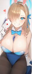 Rule 34 | 1girl, ace (playing card), ace of hearts, animal ears, arm support, asuna (blue archive), asuna (bunny) (blue archive), asymmetrical bangs, bare shoulders, black pantyhose, blue archive, blue bow, blue bowtie, blue eyes, blue leotard, blue ribbon, blush, bow, bowtie, breasts, card, cleavage, cowboy shot, detached collar, fake animal ears, from above, gloves, grin, hair over one eye, hair ribbon, halo, hand up, heart, highleg, highleg leotard, highres, holding, holding card, honnou (kjs9504), large breasts, leotard, light brown hair, long hair, looking at viewer, mole, mole on breast, pantyhose, parted lips, playing card, rabbit ears, ribbon, sitting, smile, solo, strapless, strapless leotard, very long hair, white gloves