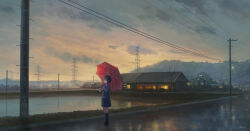 Rule 34 | 1girl, bare tree, blue socks, brown footwear, city, cloud, cloudy sky, collared shirt, commentary request, feel (nasitaki), highres, holding, holding umbrella, house, kneehighs, long sleeves, necktie, original, outdoors, photoshop (medium), pleated skirt, power lines, revision, scenery, school uniform, shirt, shoes, short hair, signature, skirt, sky, socks, solo, standing, sweater, transmission tower, tree, umbrella, utility pole, very wide shot, wet pavement, white shirt