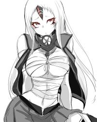 Rule 34 | 10s, 1girl, abyssal ship, aoi rin (miya1102), breasts, cleavage, cosplay, female focus, horns, kantai collection, large breasts, long hair, midriff, miniskirt, monochrome, musashi (kancolle), musashi (kancolle) (cosplay), navel, pleated skirt, red eyes, sarashi, seaport princess, single horn, sketch, skirt, solo, spot color, underboob
