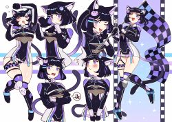 Rule 34 | 1girl, animal ear fluff, animal ears, annoyed, black dress, black gloves, blush, breasts, cat ears, cat girl, cat hair ornament, commentary, crossed arms, da3iann, dress, english commentary, fang, fangs, flag, gloves, gluteal fold, hair ornament, highres, holding, holding flag, indie virtual youtuber, knee pads, looking up, multiple views, neko meiko, one eye closed, open mouth, purple eyes, race queen, second-party source, short hair, small breasts, smile, v-shaped eyebrows, virtual youtuber