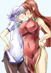 Rule 34 | 2girls, arm around shoulder, asymmetrical docking, blush, braid, breast press, breasts, china dress, chinese clothes, dress, eye contact, eyebrows, face-to-face, flat chest, hair ribbon, hand on own hip, hong meiling, impossible clothes, impossible dress, izayoi sakuya, large breasts, long hair, looking at another, multiple girls, no headwear, no headwear, pantyhose, ribbon, short hair, smile, standing, touhou, twin braids, yohane, yuri