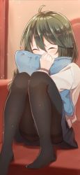 Rule 34 | 1girl, ahoge, black pantyhose, black skirt, blurry, blurry background, blush, braid, cardigan, closed eyes, couch, covered mouth, depth of field, facing viewer, feet out of frame, green hair, grey cardigan, hair between eyes, highres, indoors, knees up, long hair, long sleeves, nenosame, no shoes, hugging object, on couch, pantyhose, pillow, pillow hug, pleated skirt, princess connect!, sitting, skirt, solo, thighband pantyhose, yuni (princess connect!), yuni (real) (princess connect!)