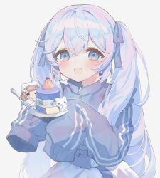 Rule 34 | 2girls, :d, animal ears, blue eyes, blue hair, blue jacket, blush, brown hair, cake, cake slice, chibi, food, fork, fruit, hair between eyes, hair ribbon, highres, holding, holding fork, holding plate, indie virtual youtuber, jacket, jersey maid, long hair, long sleeves, looking at viewer, maid, maid headdress, multiple girls, one eye closed, open mouth, plate, ribbon, simple background, sleeves past fingers, sleeves past wrists, smile, strawberry, track jacket, twintails, unconventional maid, upper body, usanta, very long hair, virtual youtuber, white background