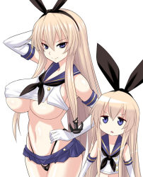 Rule 34 | 10s, 2girls, aged up, alternate breast size, anchor, black panties, blonde hair, blush, breasts, dual persona, gloves, hair ornament, hairband, hand on own hip, kantai collection, konno tohiro, large breasts, long hair, looking at viewer, multiple girls, multiple views, open mouth, panties, personification, purple eyes, school uniform, shimakaze (kancolle), shiny skin, skirt, underboob, underwear, white gloves