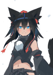 Rule 34 | 1girl, absurdres, alternate color, alternate eye color, alternate hair color, animal ears, black hair, black shirt, blue eyes, closed mouth, commentary request, detached sleeves, hair between eyes, highres, inubashiri momiji, kakaricho dairi, looking at viewer, medium hair, navel, pom pom (clothes), shirt, sidelocks, simple background, smile, solo, tail, touhou, upper body, white background, wolf ears, wolf girl, wolf tail