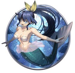 1girl bikini bikini_top_only blue_eyes bow breasts brown_hair hair_bow highres large_breasts long_hair m.u.g.e.n mermaid monster_girl navel oggy_(oggyoggy) original ponytail ryuko_(oggyoggy) shell shell_bikini smile swimsuit underwater yellow_bow