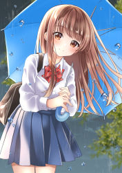 Rule 34 | 1girl, bag, blue skirt, blurry, blurry background, blush, bow, bowtie, brown eyes, brown hair, commentary request, cowboy shot, day, depth of field, diagonal-striped bow, diagonal-striped bowtie, diagonal-striped clothes, diagonal-striped neckwear, holding, holding umbrella, kawanobe, leaning forward, long hair, long sleeves, looking at viewer, original, outdoors, pleated skirt, rain, red bow, red bowtie, school bag, school uniform, shirt, skirt, smile, solo, standing, striped bow, striped bowtie, striped clothes, striped neckwear, twitter username, umbrella, very long hair, water drop, white shirt