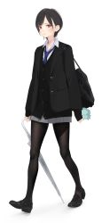 Rule 34 | 1girl, ama mitsuki, black hair, black pantyhose, cardigan, frown, full body, highres, loafers, looking at viewer, necktie, original, pantyhose, pleated skirt, purple eyes, school uniform, shoes, short hair, simple background, skirt, sleeves past wrists, solo, umbrella, white background