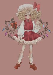 Rule 34 | 1girl, adapted costume, arm up, blonde hair, bow, collared dress, crystal, curly hair, dress, flandre scarlet, hat, hat bow, highres, inkopico, laevatein (tail), mob cap, multicolored wings, red background, red eyes, red footwear, ribbon, short hair, simple background, tail, tail ornament, tail ribbon, touhou, white hat, wings