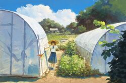 Rule 34 | 1girl, :o, arm support, black eyes, blue bow, blue bowtie, blue skirt, blue sky, bow, bowtie, brown hair, car, cloud, dirt, fjsmu, full body, grass, hat, highres, hoop house, light blush, long skirt, looking down, motor vehicle, original, outdoors, outstretched arms, parted lips, plant, pleated skirt, rural, shirt, shoes, short hair, short sleeves, skirt, sky, sneakers, solo, standing, straw hat, summer, sunlight, tree, walking, white footwear, white shirt, wide shot